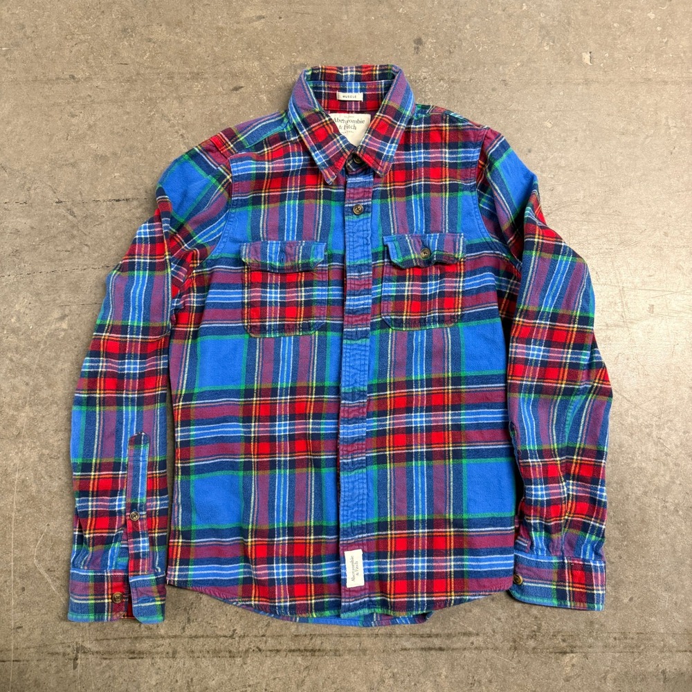 Abercrombie & Fitch Mens Muscle Fit Flannel Shirt Blue Red Plaid‎ Large L Button